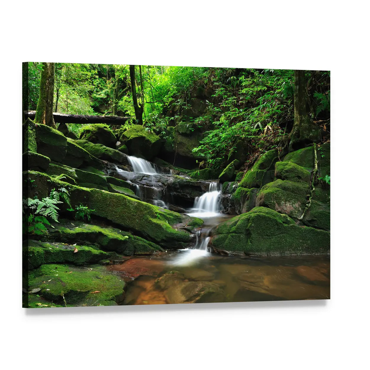 Waterfall In Rain Forest Canvas Wall Art, single panel gallery wrapped canvas, angled product view