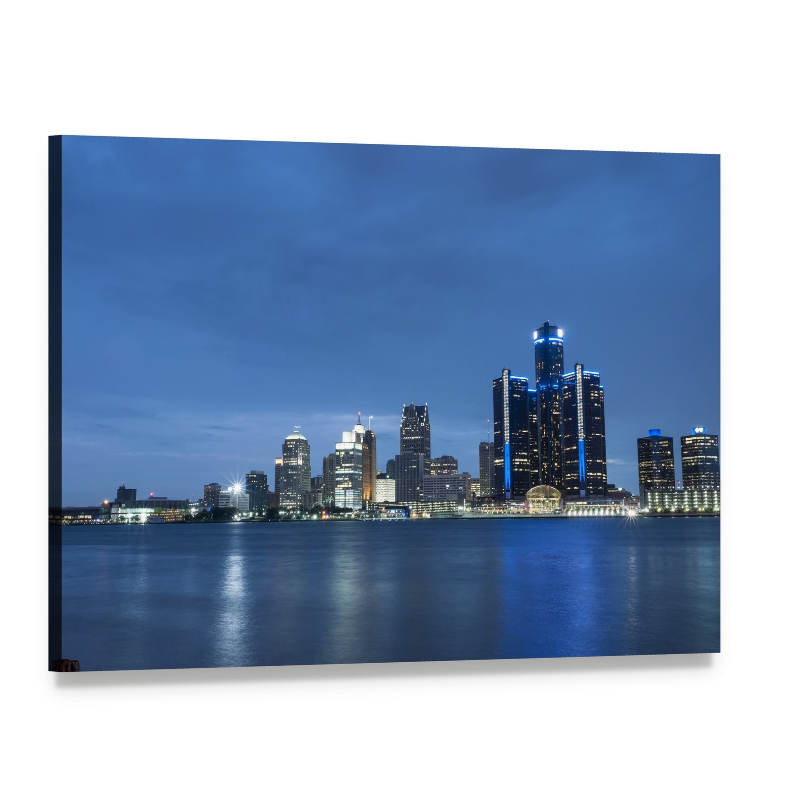 Detroit Skyline and River at Night Canvas Wall Art, single panel gallery wrapped canvas, angled product view