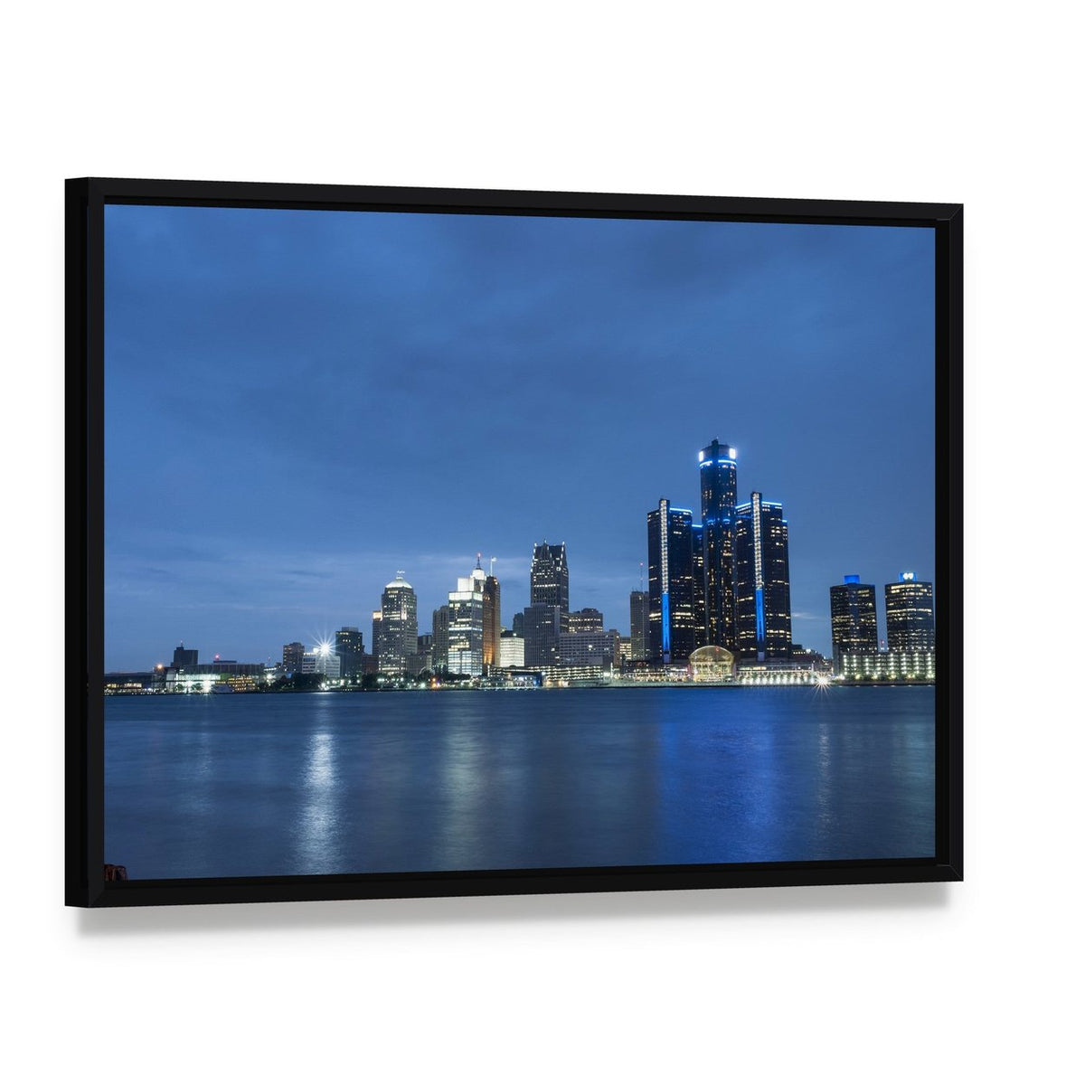 Detroit Skyline and River at Night Canvas Wall Art, framed canvas in a black floater frame, angled product view