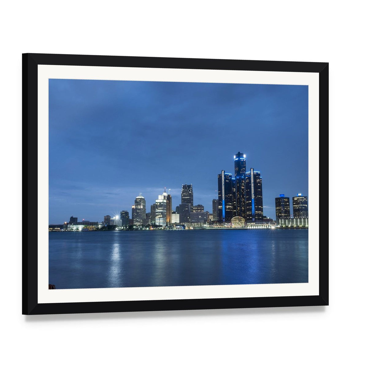 Detroit Skyline and River at Night Canvas Wall Art, framed print with white mat and black frame, angled product view