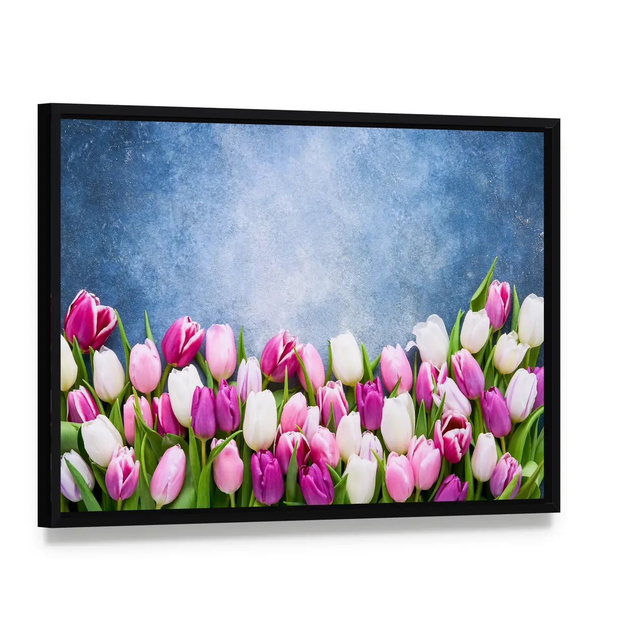 Border Of Pink And White Tulips Canvas Wall Art, framed canvas in a black floater frame, angled product view