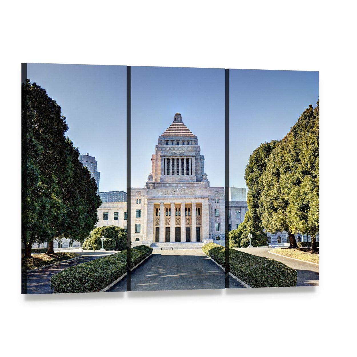 National Diet House, Japan Canvas Wall Art, 3 panel 3 Horizontal layout gallery wrapped canvas set, angled product view