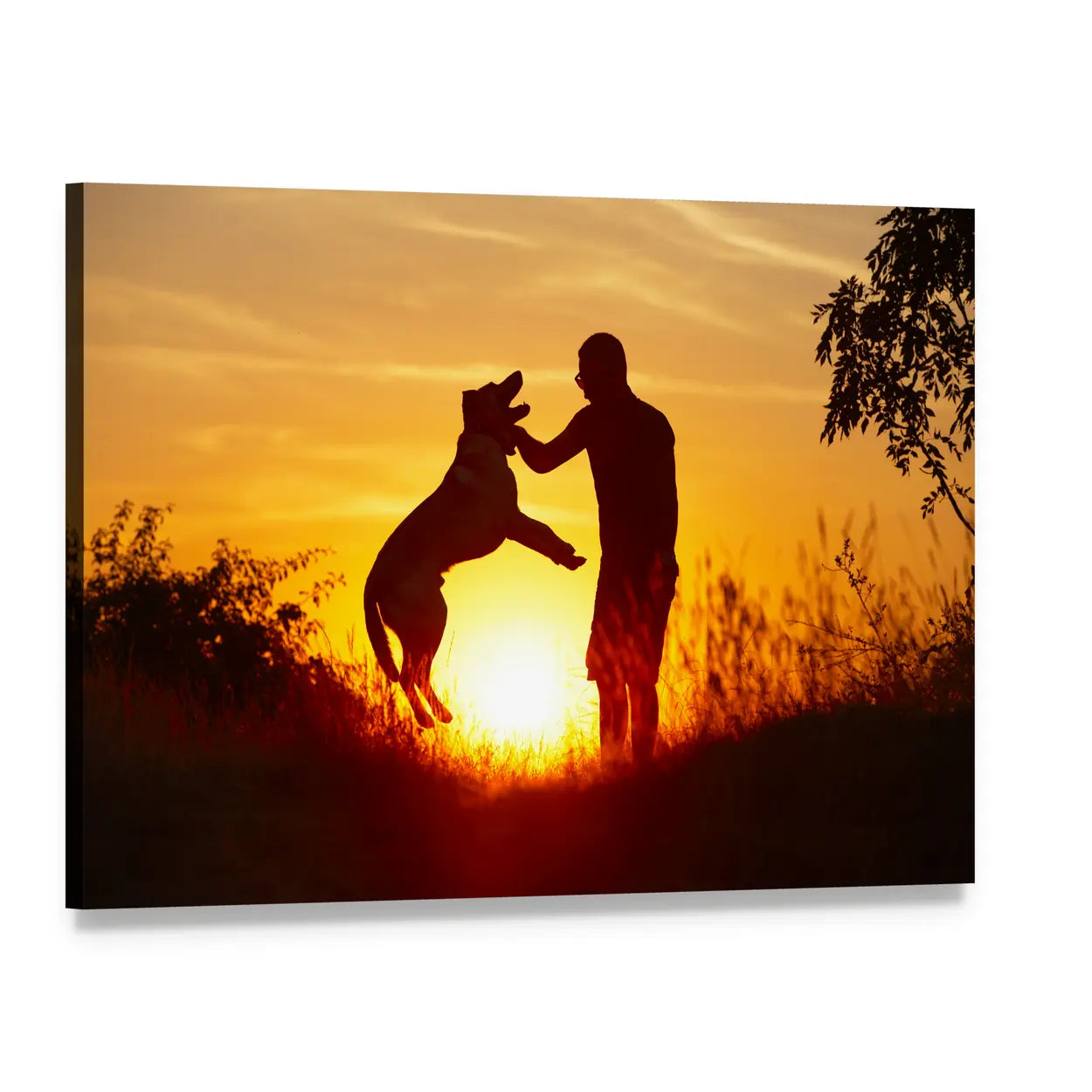 Man and Yellow Labrador Silhouette at Sunset Canvas Wall Art, single panel gallery wrapped canvas, angled product view