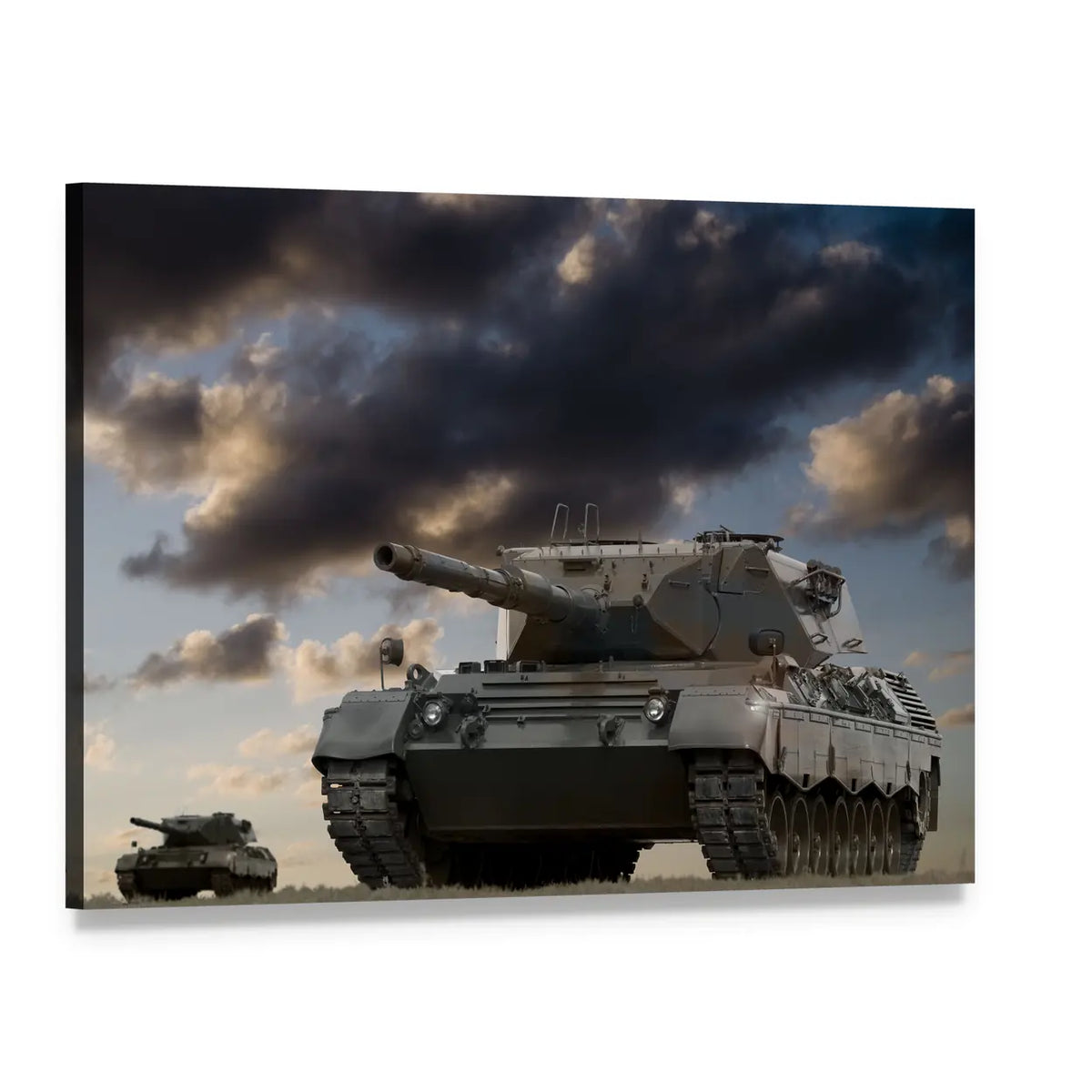Leopard 1 Battle Tank Under Stormy Sky Canvas Wall Art, single panel gallery wrapped canvas, angled product view