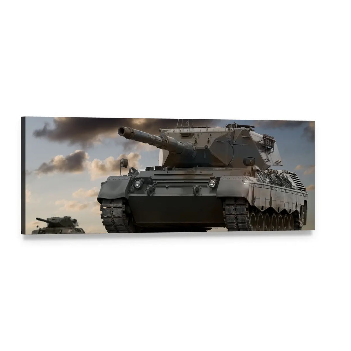European Battle Tanks Panoramic Canvas Wall Art, single panel gallery wrapped canvas, angled product view