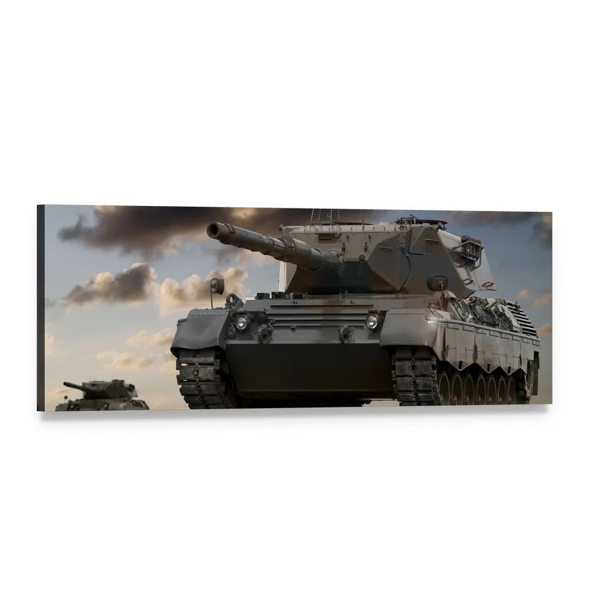 European Battle Tanks Panoramic Canvas Wall Art, single panel gallery wrapped canvas, angled product view