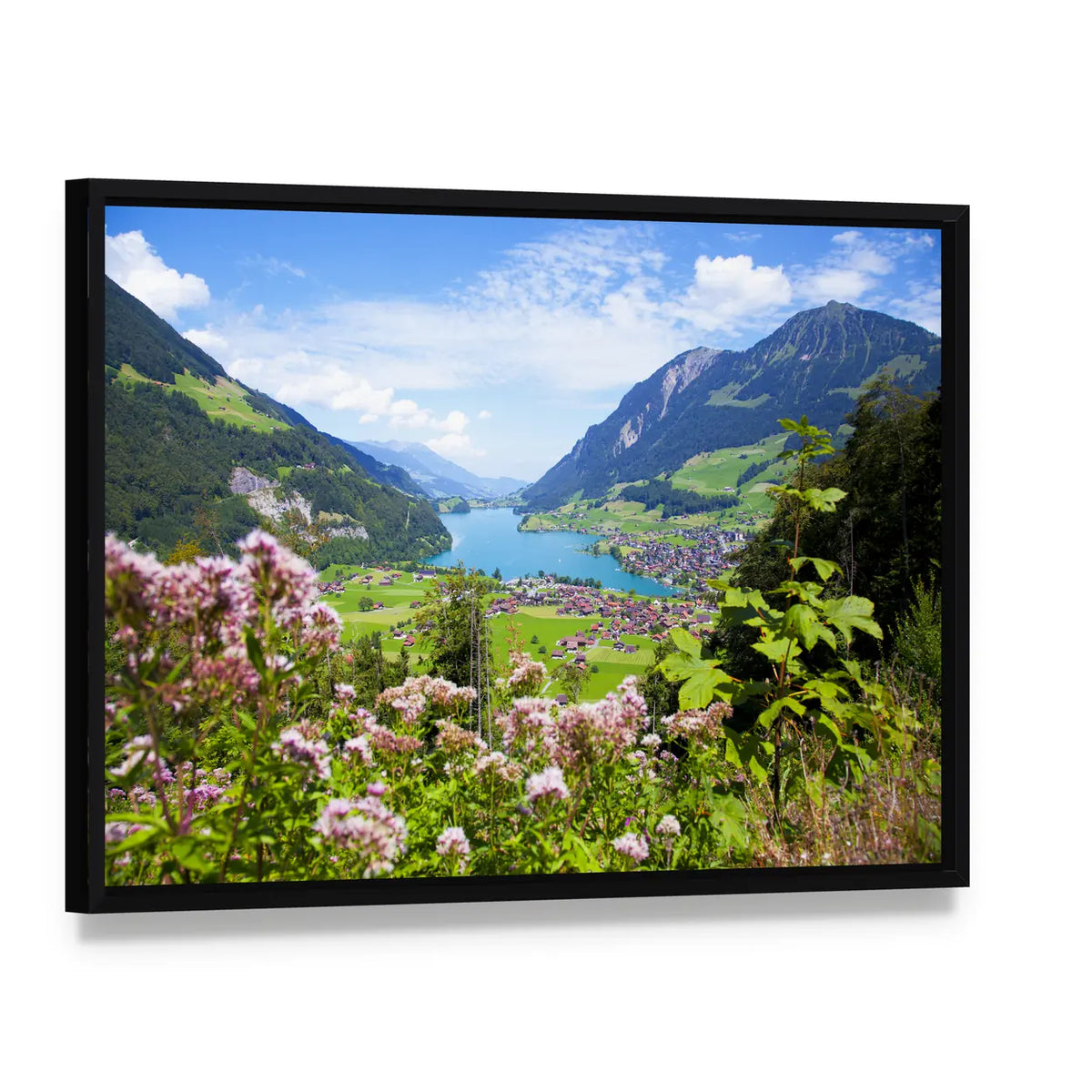 Summer Landscape In Lungern Village Canvas Wall Art, framed canvas in a black floater frame, angled product view