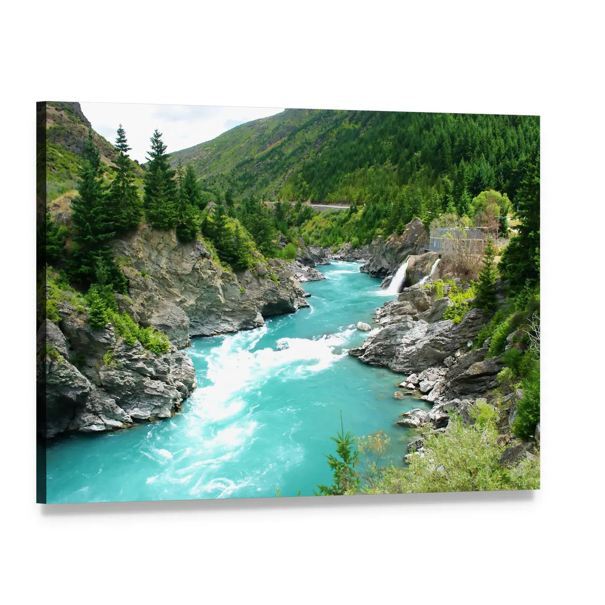 Kawarau River and Forest Canvas Wall Art, single panel gallery wrapped canvas, angled product view
