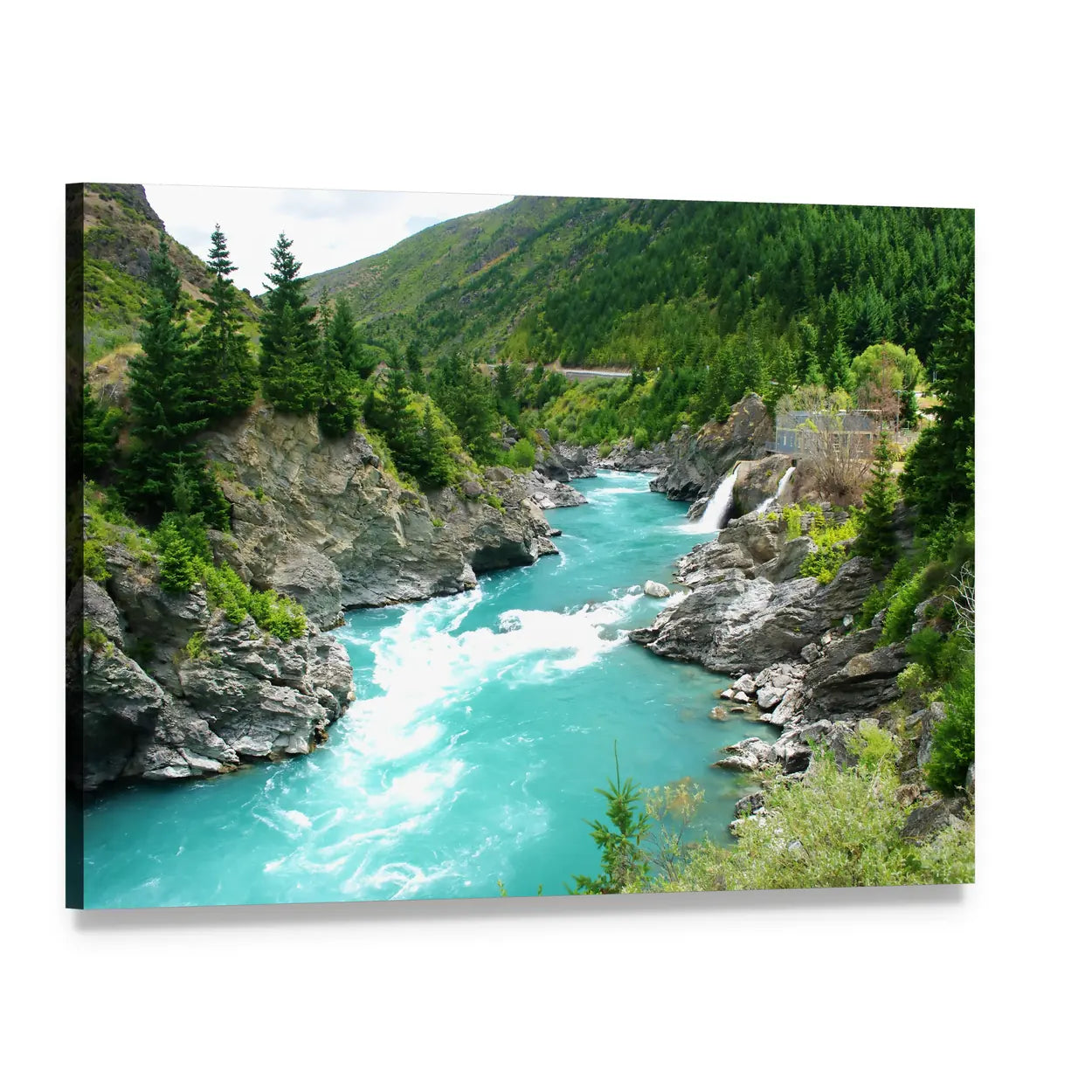 Kawarau River and Forest Canvas Wall Art, single panel gallery wrapped canvas, angled product view