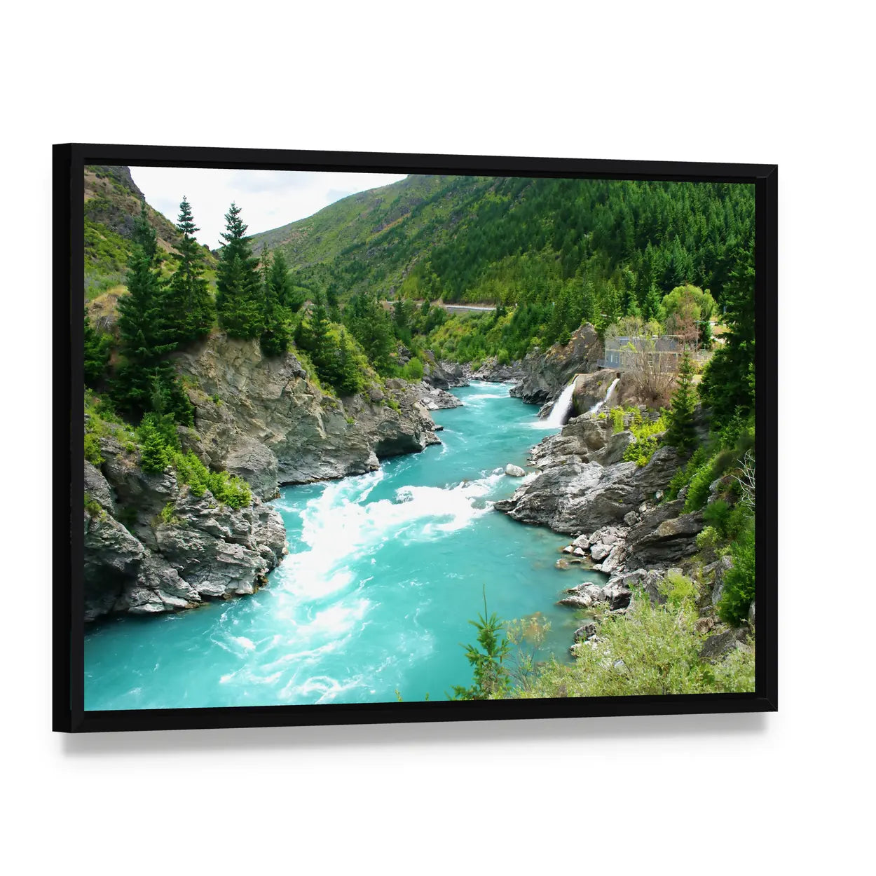 Kawarau River and Forest Canvas Wall Art, framed canvas in a black floater frame, angled product view