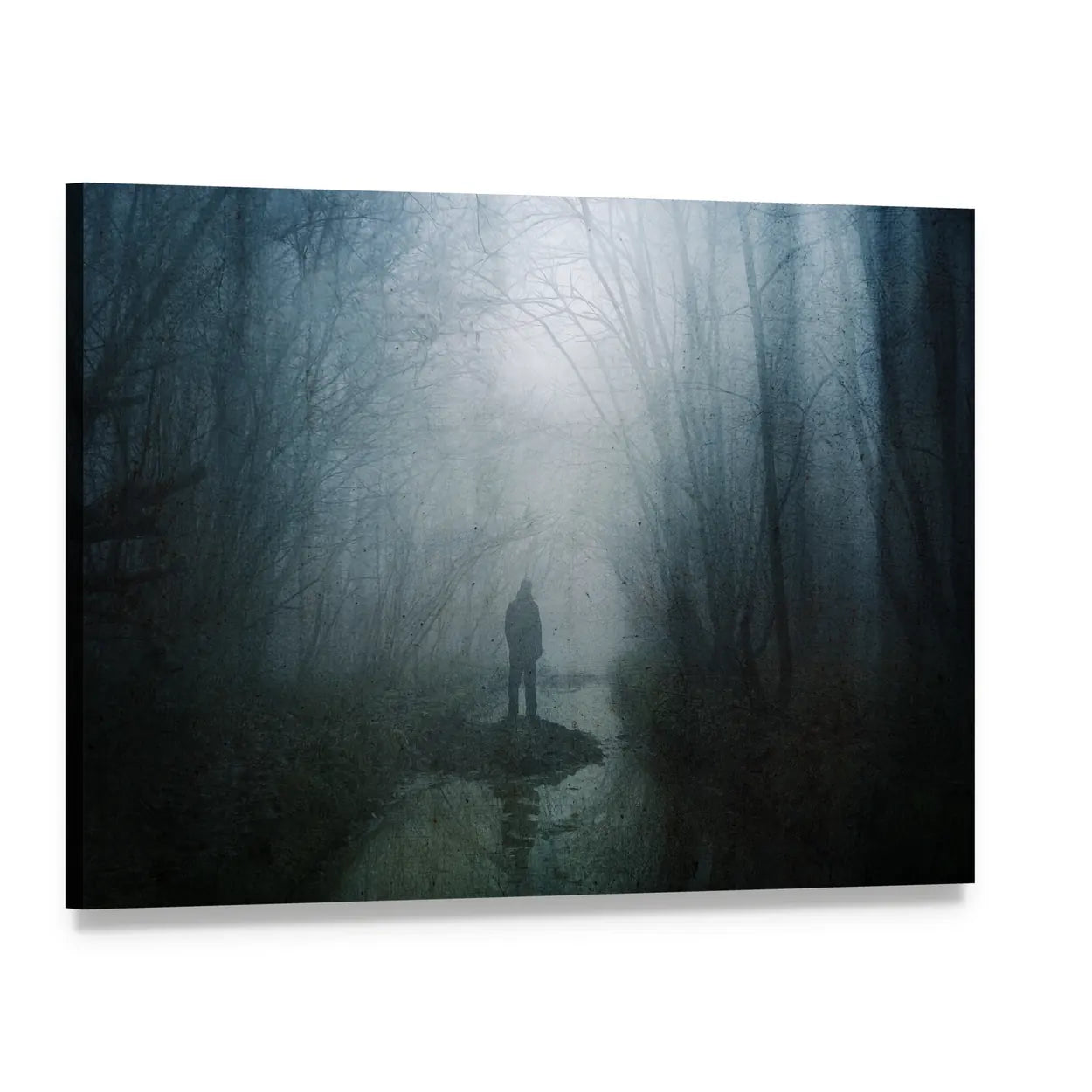 Silhouette at Stream in Misty Forest Canvas Wall Art, single panel gallery wrapped canvas, angled product view