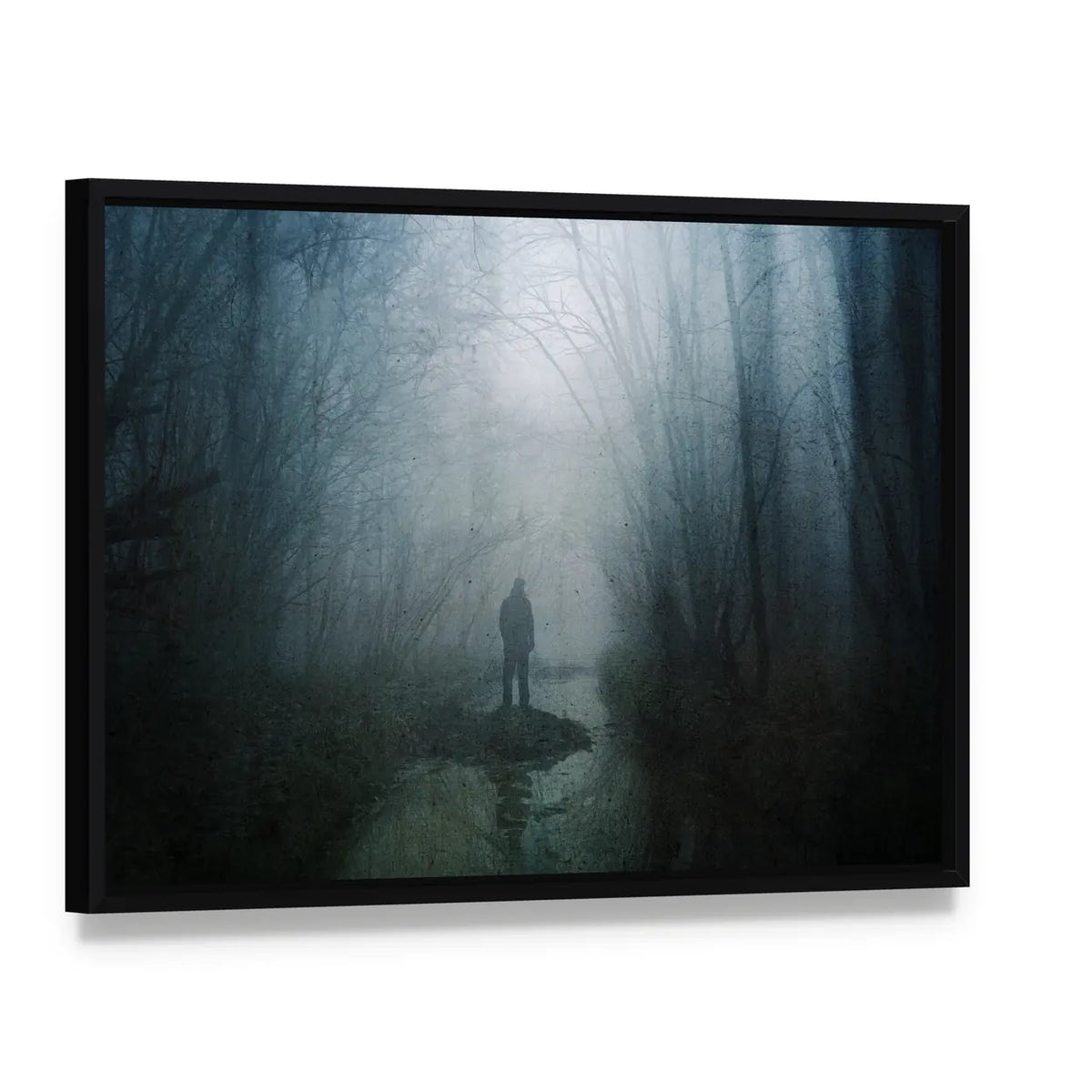 Silhouette at Stream in Misty Forest Canvas Wall Art, framed canvas in a black floater frame, angled product view