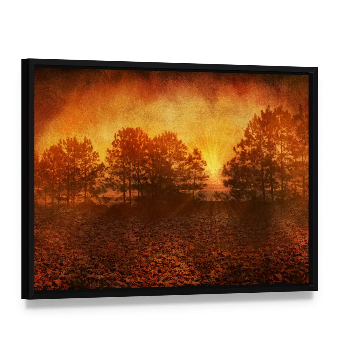 Rusty Golden Textured Autumn Field Canvas Wall Art, framed canvas in a black floater frame, angled product view