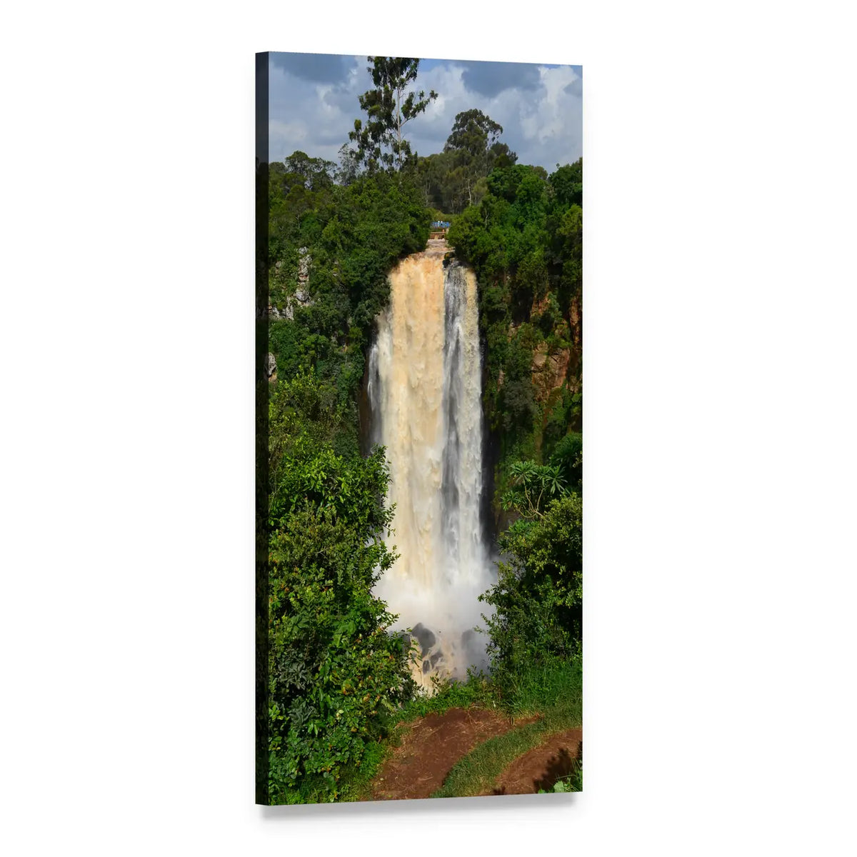 Kenyan Waterfall in Lush Forest Vertical Canvas Wall Art, 1 panel 1 Vertical layout gallery wrapped canvas set, angled product view