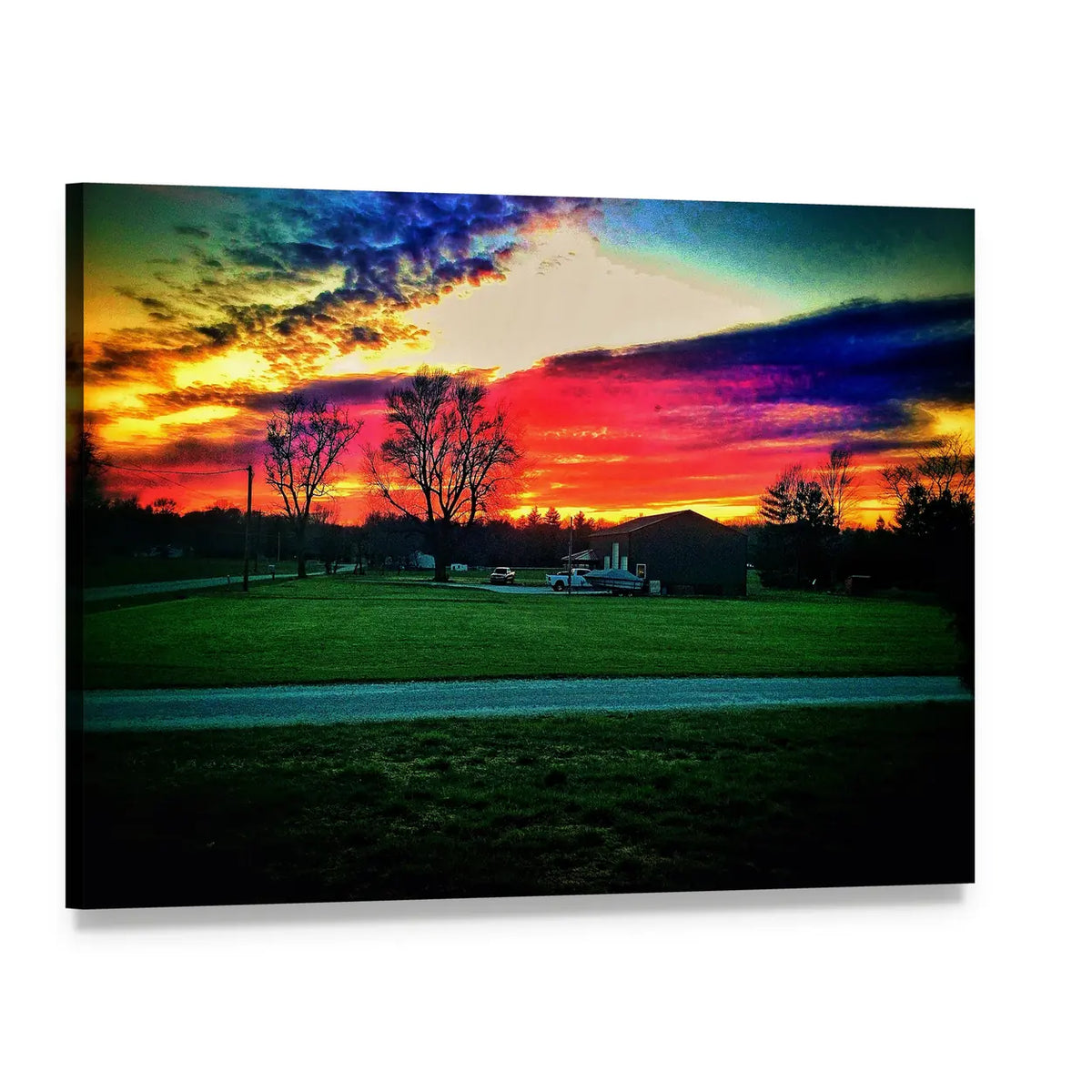 Indiana Sunset with Silhouetted Trees Canvas Wall Art, single panel gallery wrapped canvas, angled product view