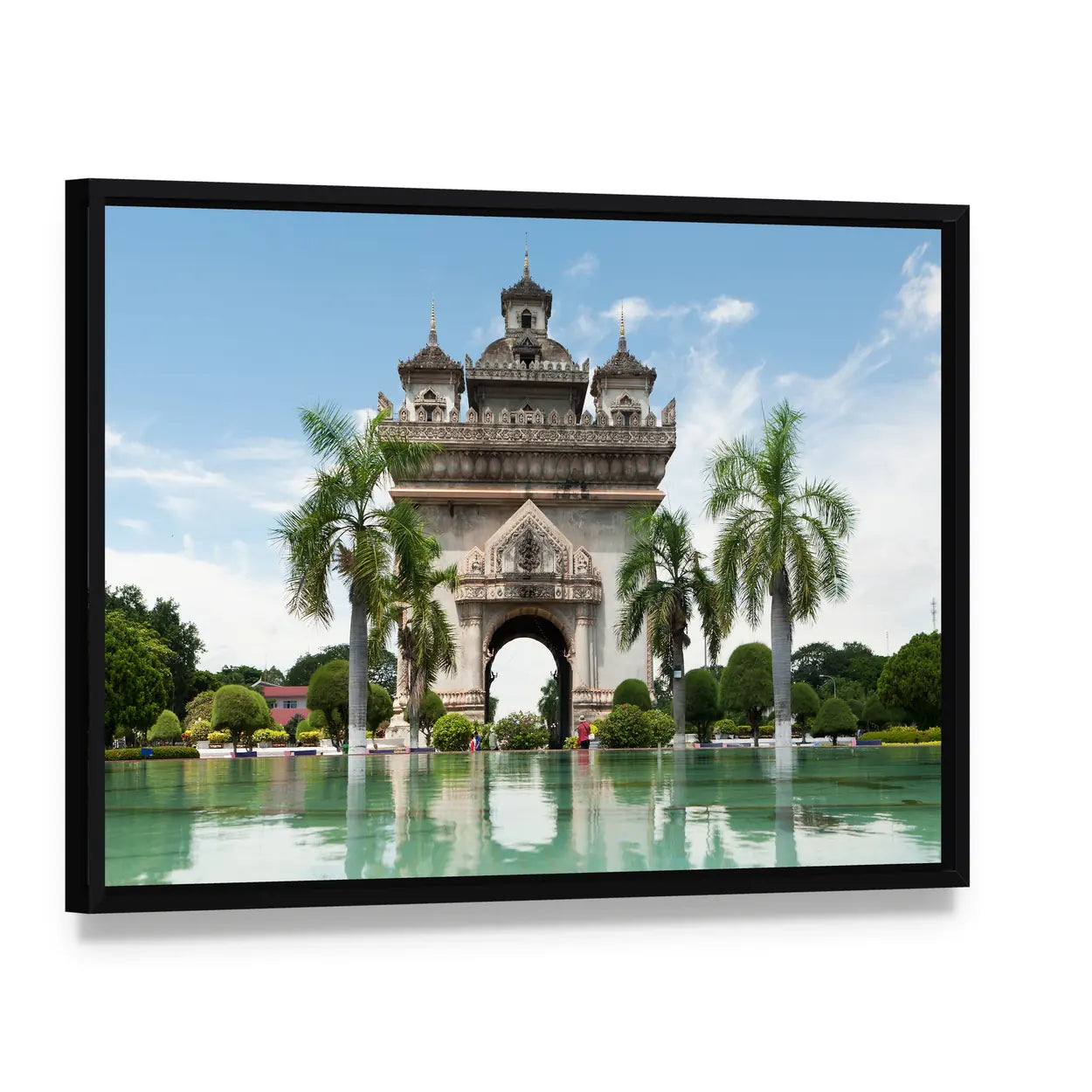 Patuxai Victory Gate in Vientiane Canvas Wall Art, framed canvas in a black floater frame, angled product view