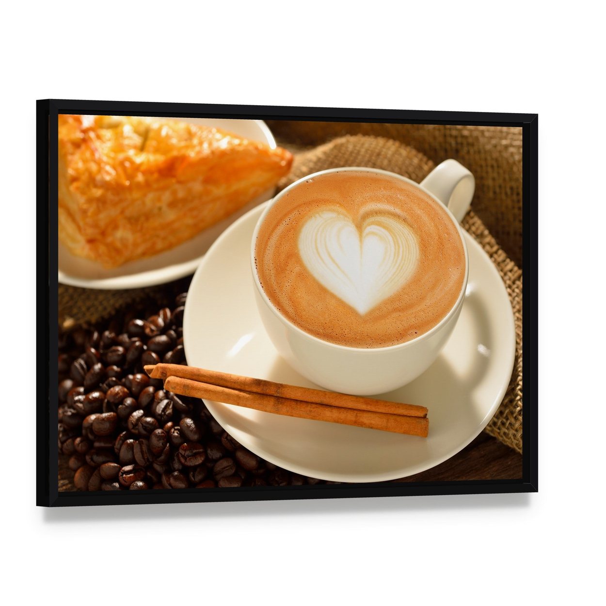 Cup of Cafe Latte Canvas Wall Art, framed canvas in a black floater frame, angled product view