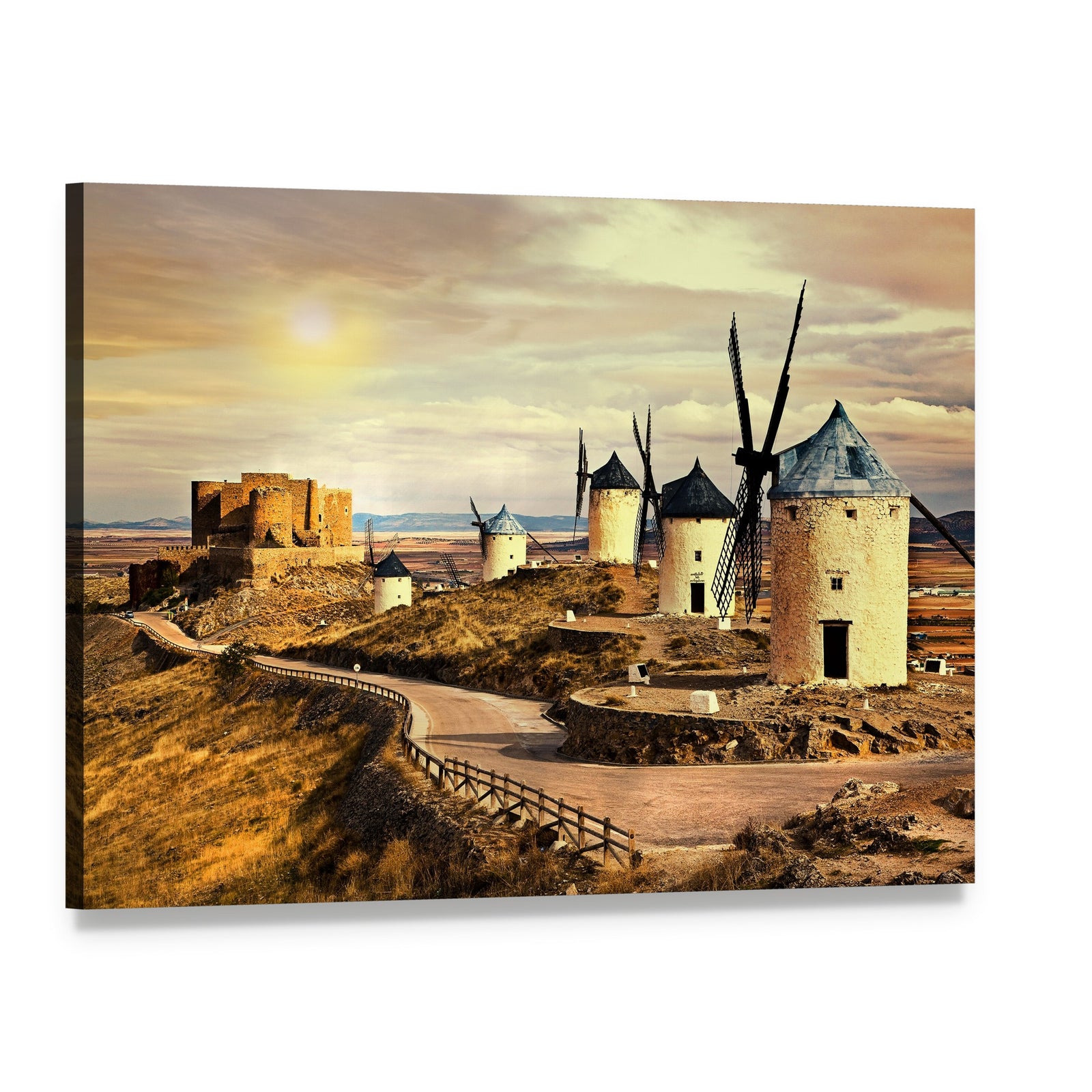 Windmills of Spain at Sunset Canvas Wall Art, single panel gallery wrapped canvas, angled product view
