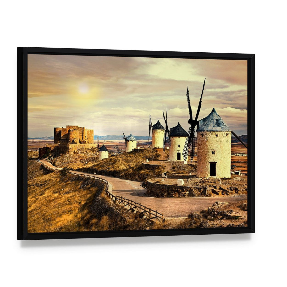 Windmills of Spain at Sunset Canvas Wall Art, framed canvas in a black floater frame, angled product view