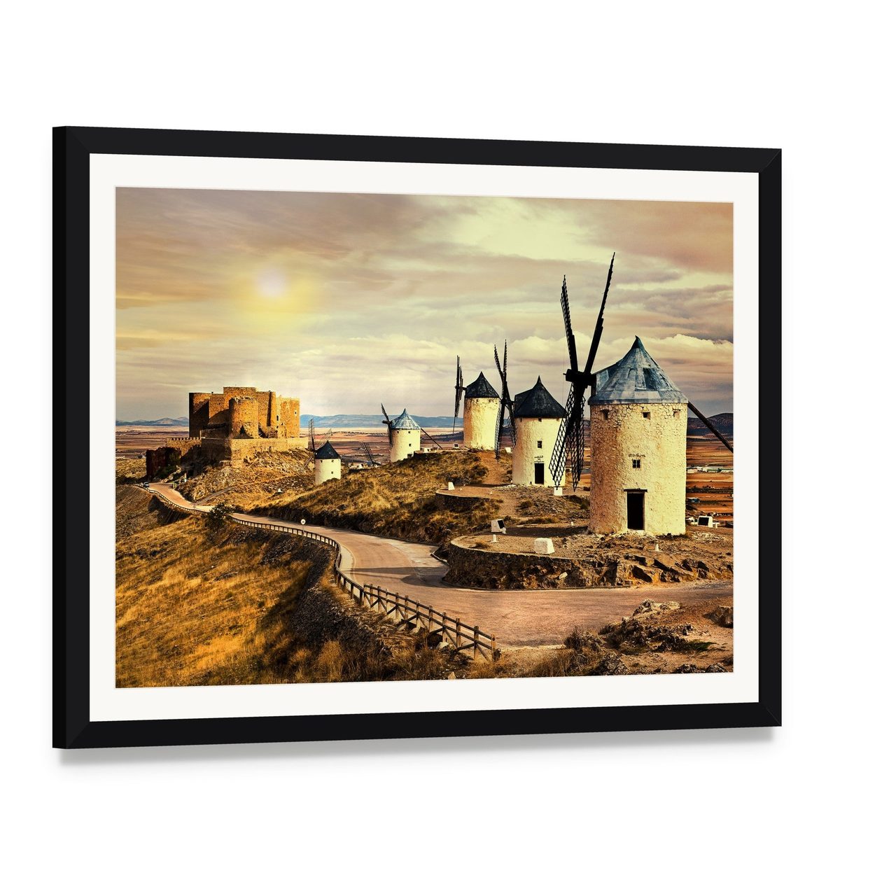 Windmills of Spain at Sunset Canvas Wall Art, framed print with white mat and black frame, angled product view