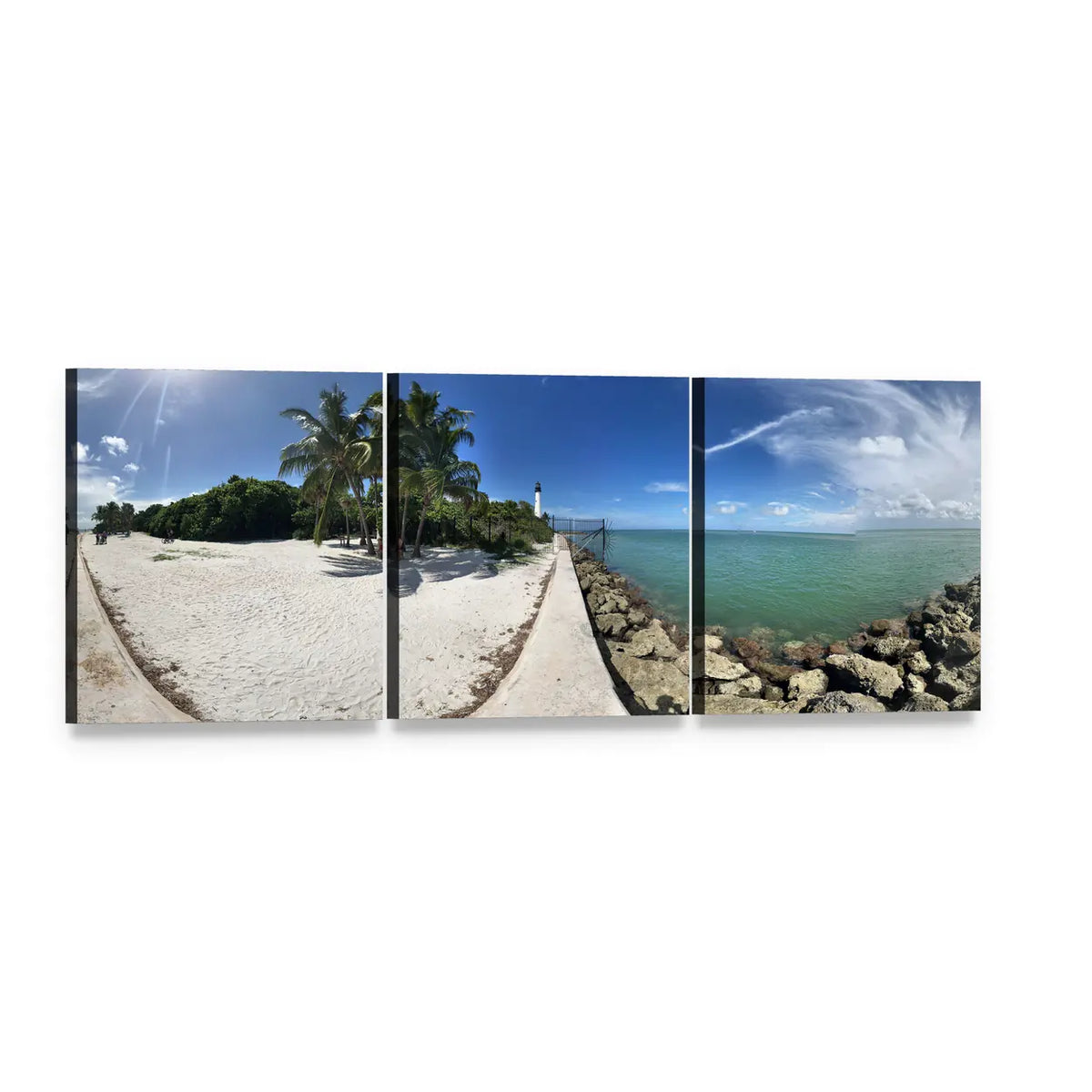 Key Biscayne Beach, Florida Seascape Panoramic Canvas Wall Art, 3 panel 3 Piece layout gallery wrapped canvas set, angled product view