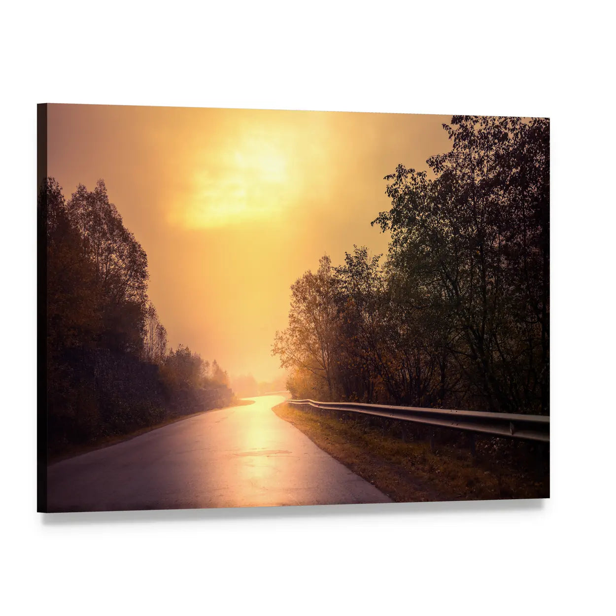 Windy Road Among The Forest At Sunset Canvas Wall Art, single panel gallery wrapped canvas, angled product view