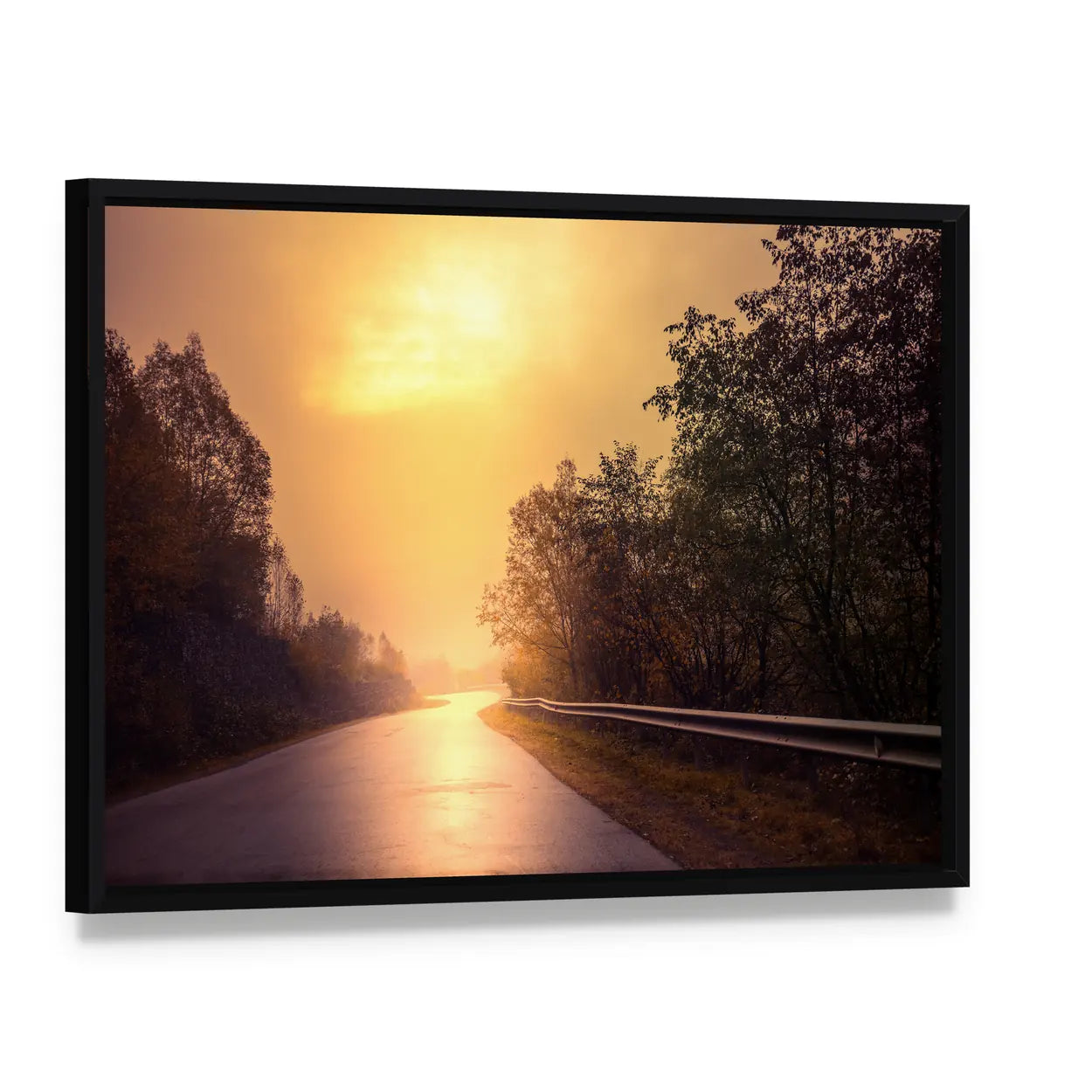 Windy Road Among The Forest At Sunset Canvas Wall Art, framed canvas in a black floater frame, angled product view