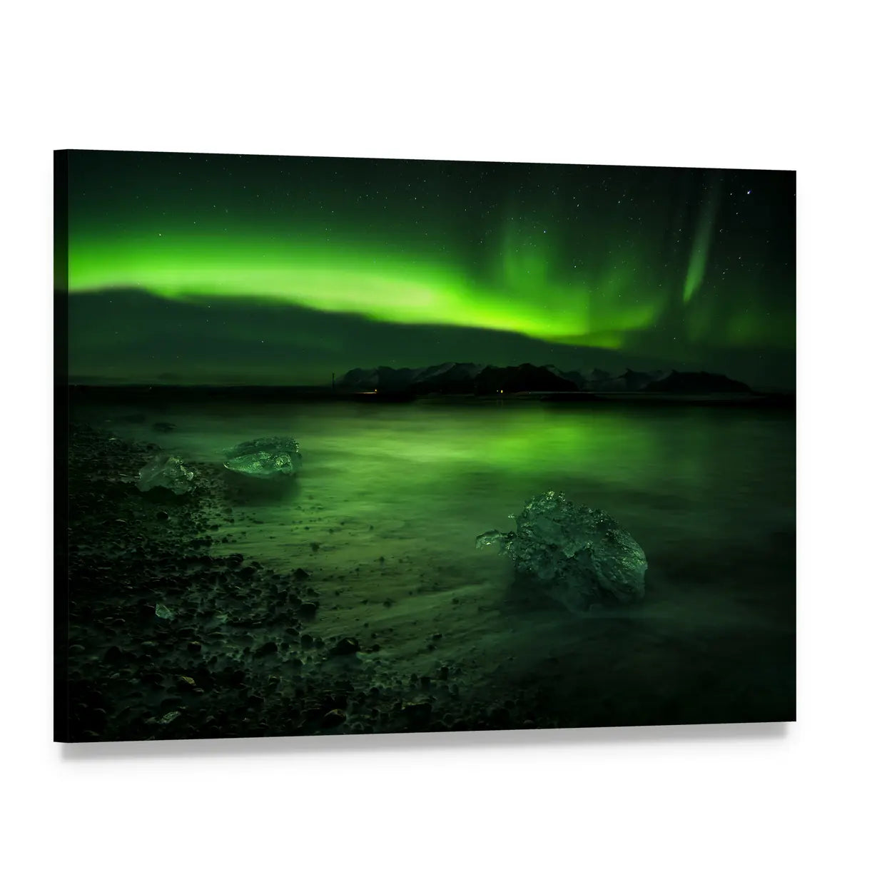 Northern Lights Over Ice and Mountain Reflection Canvas Wall Art, single panel gallery wrapped canvas, angled product view