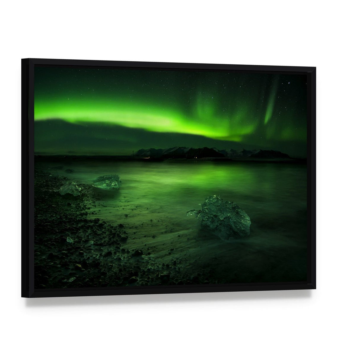 Aurora Northern Lights Canvas Wall Art, framed canvas in a black floater frame, angled product view