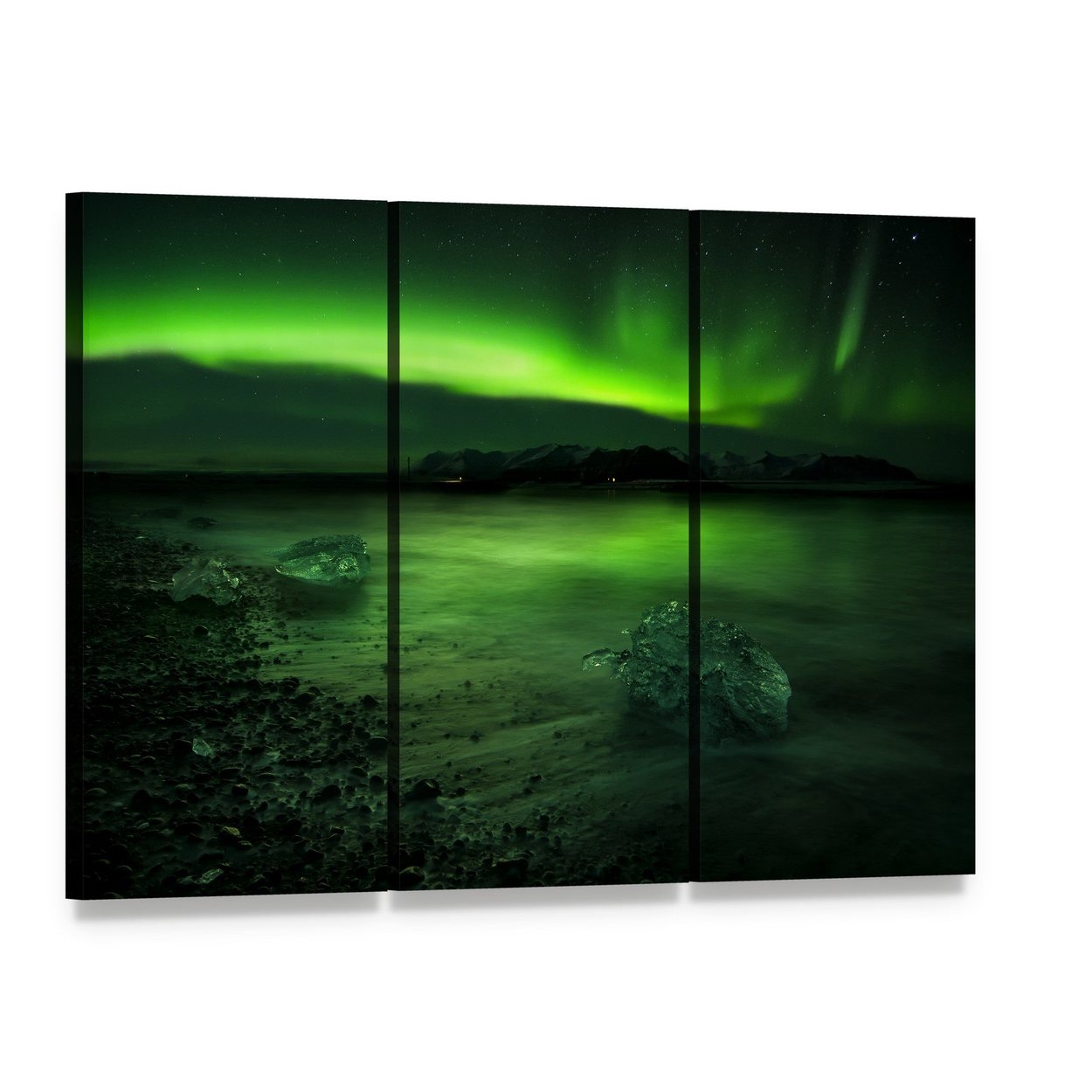 Aurora Northern Lights Canvas Wall Art, 3 panel 3 Horizontal layout gallery wrapped canvas set, angled product view