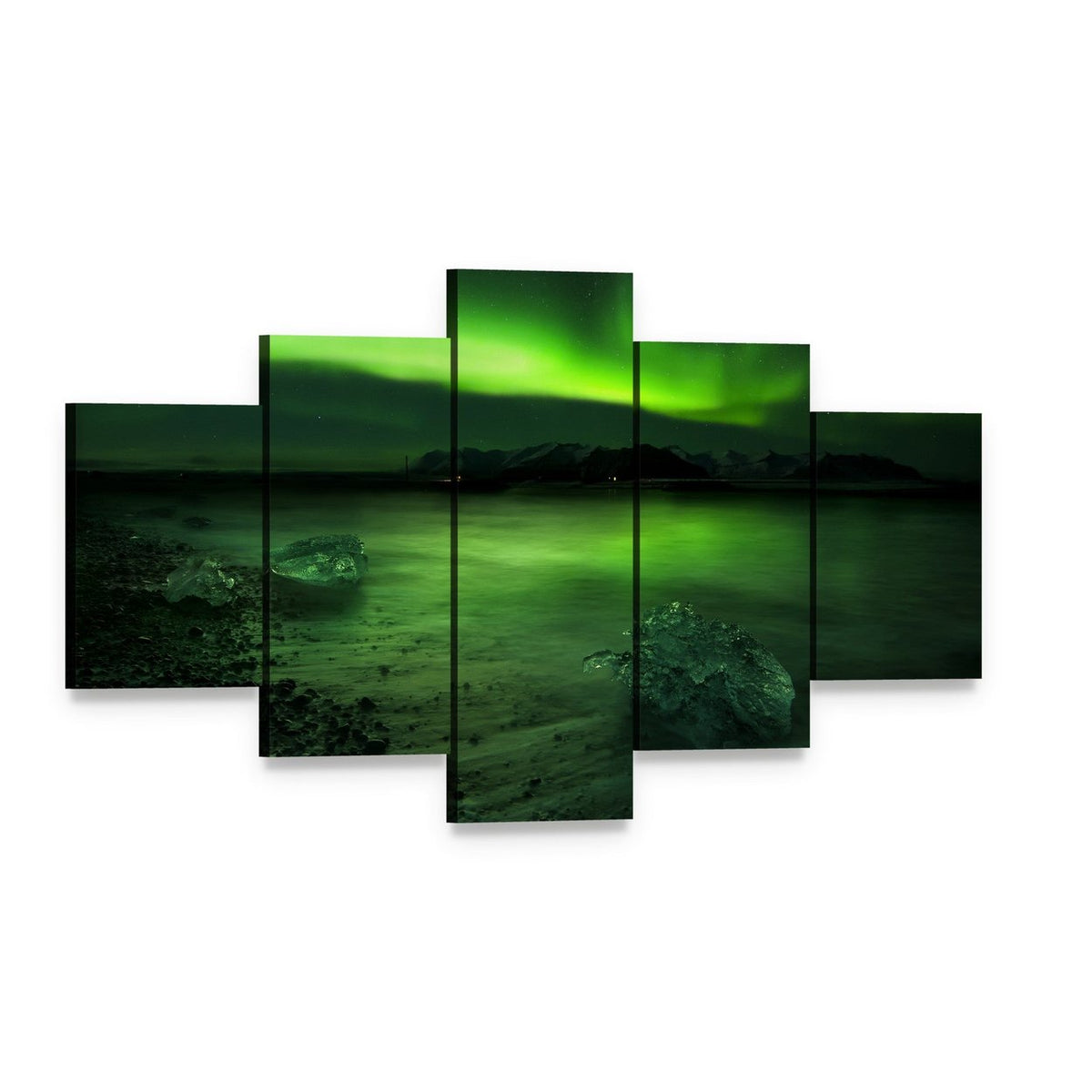 Aurora Northern Lights Canvas Wall Art, 5 panel 5 Star layout gallery wrapped canvas set, angled product view