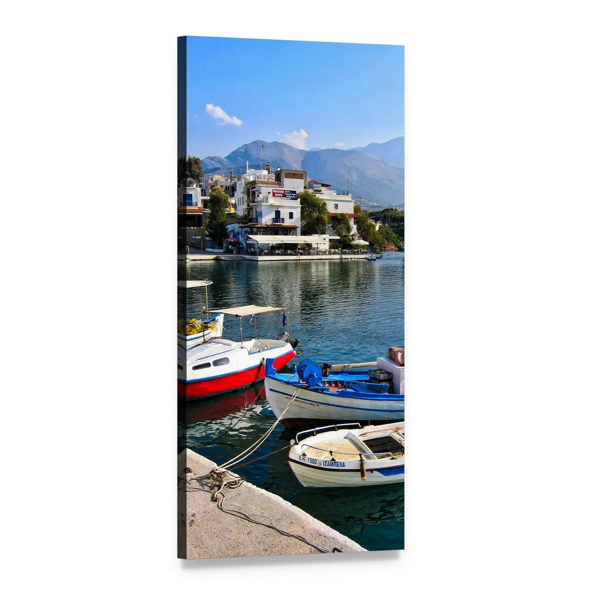 Greek Fishing Port Village Vertical Canvas Wall Art, 1 panel 1 Vertical layout gallery wrapped canvas set, angled product view