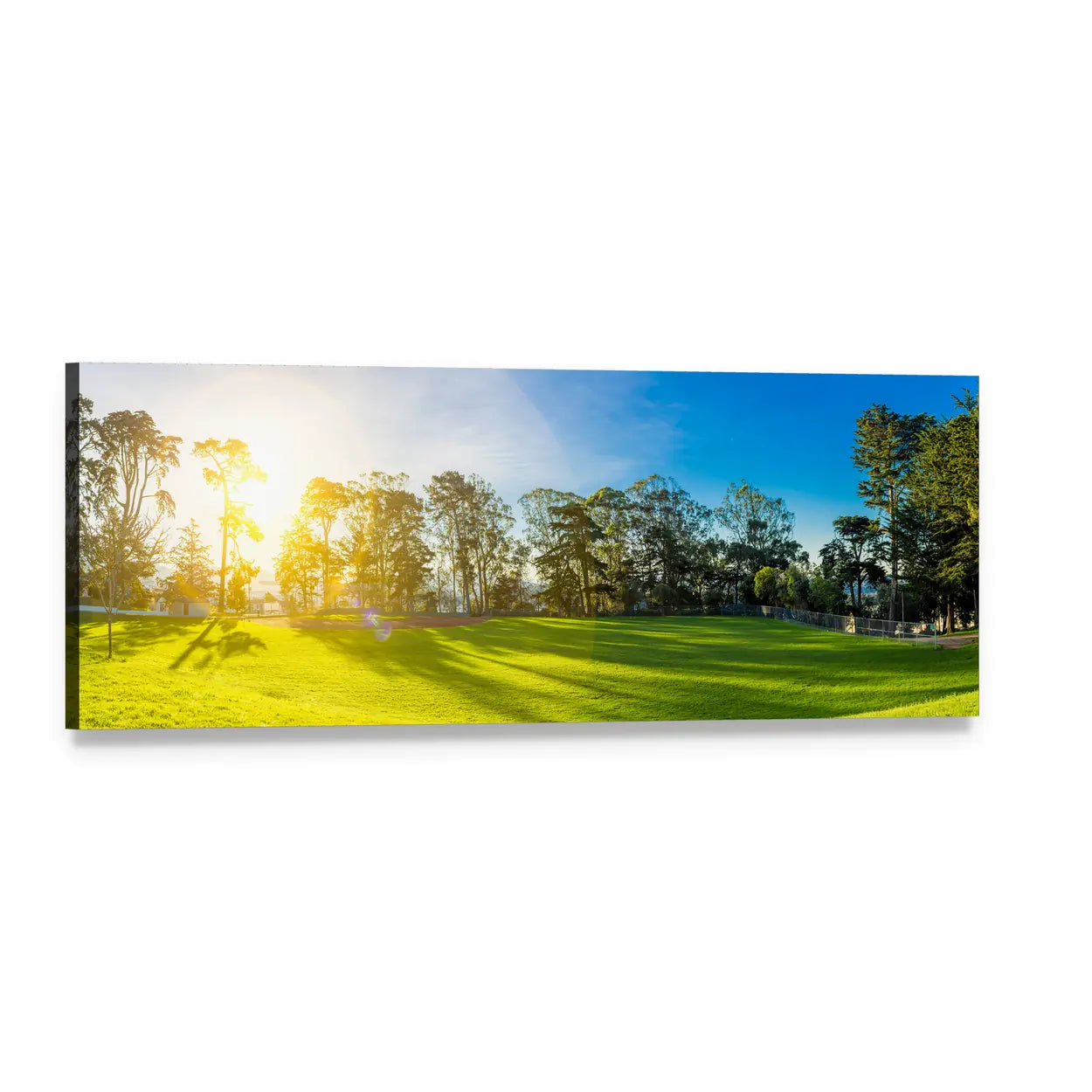 California Golf Course Sunlit Fairway Panoramic Canvas Wall Art, single panel gallery wrapped canvas, angled product view