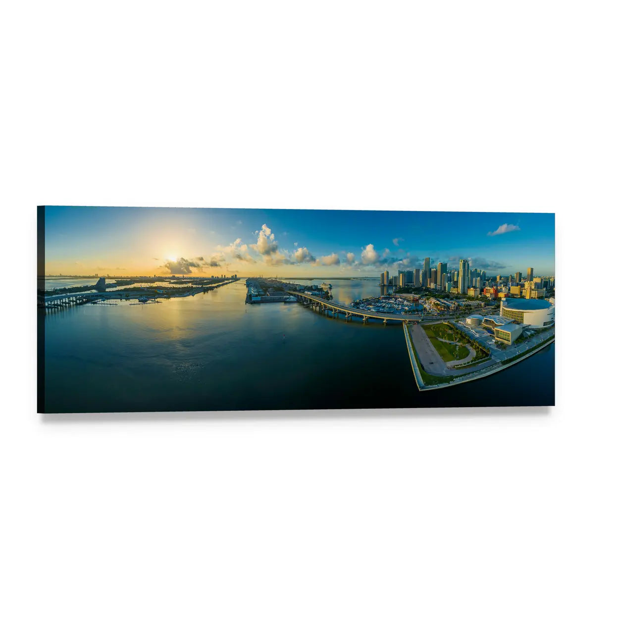Miami Skyline at Sunrise Panoramic Canvas Wall Art, single panel gallery wrapped canvas, angled product view