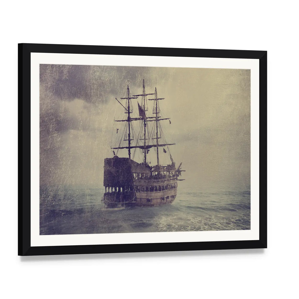 Old Pirate Ship at Sea Canvas Wall Art, framed print with white mat and black frame, angled product view
