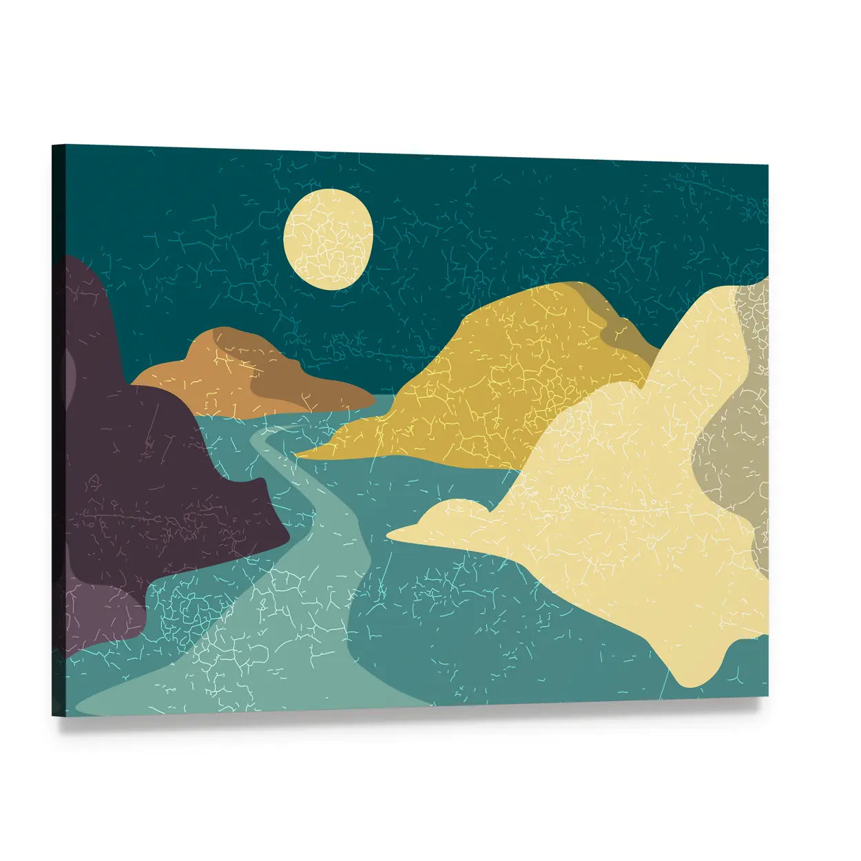 Teal and Purple Moonlit Mountain Abstract Canvas Wall Art, single panel gallery wrapped canvas, angled product view