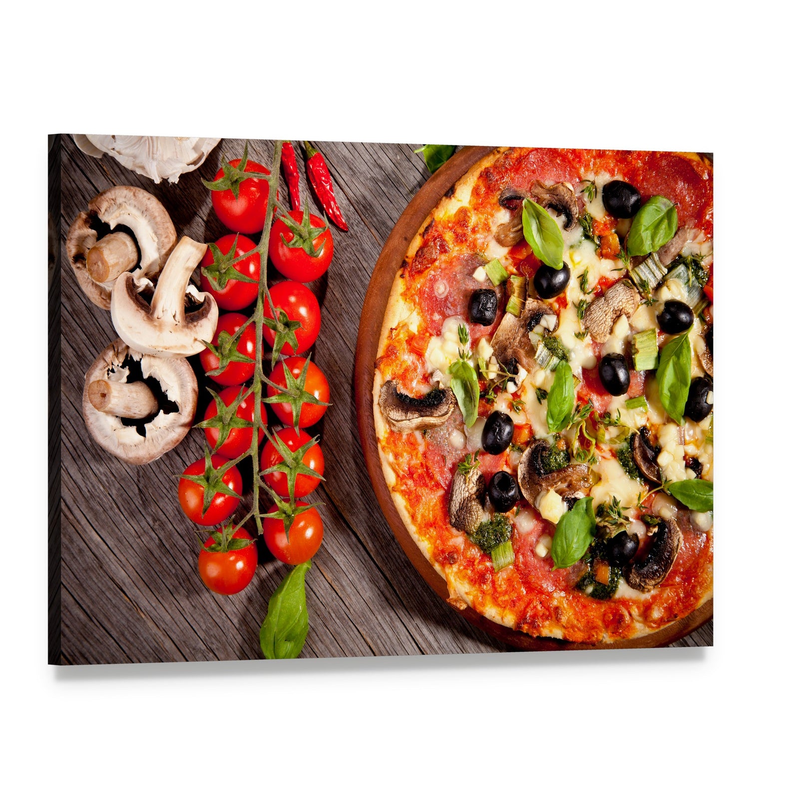 Fresh Pizza with Tomatoes and Basil Canvas Wall Art, single panel gallery wrapped canvas, angled product view