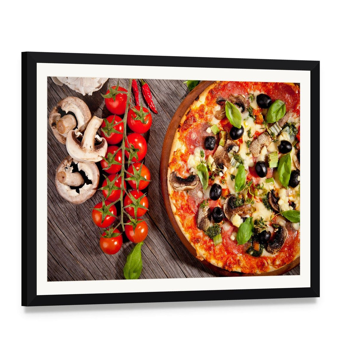 Fresh Pizza with Tomatoes and Basil Canvas Wall Art, framed print with white mat and black frame, angled product view