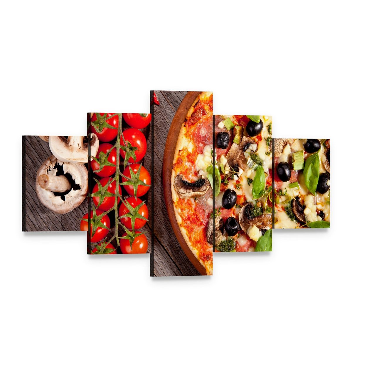 Fresh Pizza with Tomatoes and Basil Canvas Wall Art, 5 panel 5 Star layout gallery wrapped canvas set, angled product view