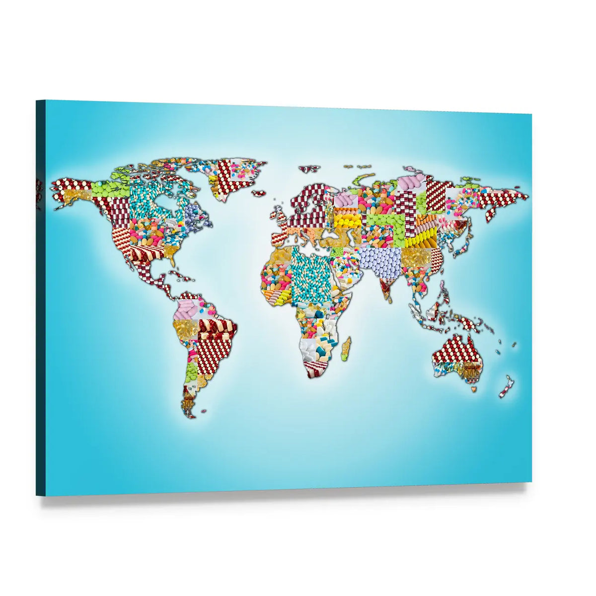 World Map from Pills Canvas Wall Art, single panel gallery wrapped canvas, angled product view