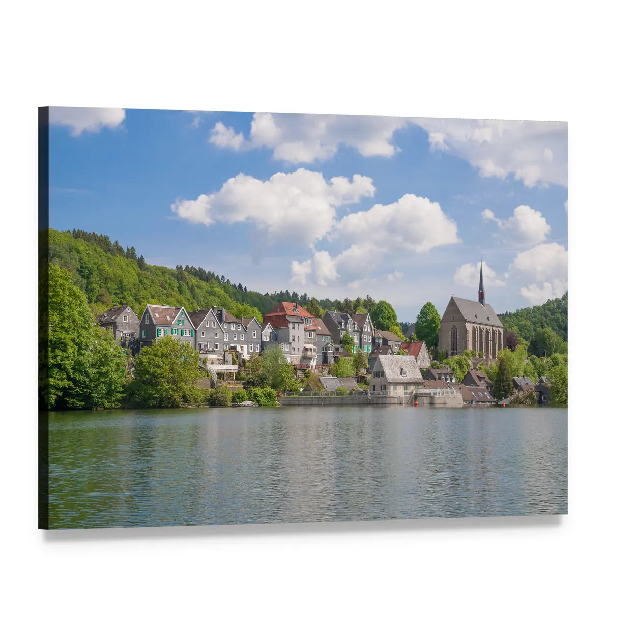 Wupper River Village by the Reservoir Canvas Wall Art, single panel gallery wrapped canvas, angled product view