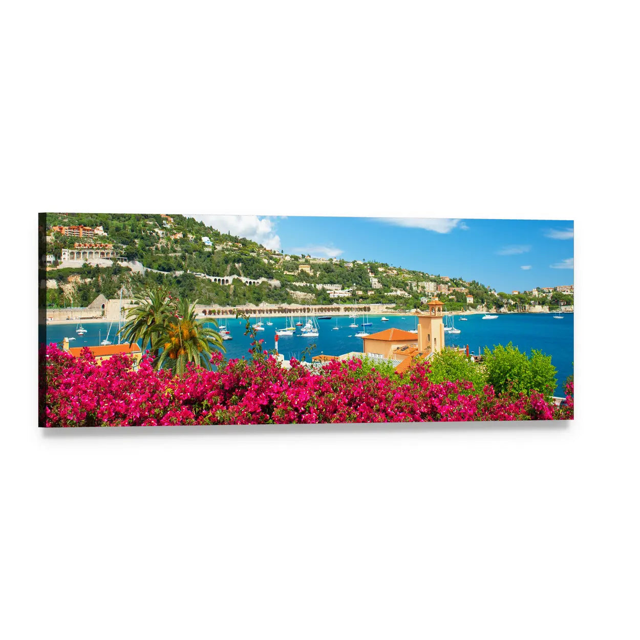 Mediterranean Coastal Town with Bougainvillea Panoramic Canvas Wall Art, single panel gallery wrapped canvas, angled product view