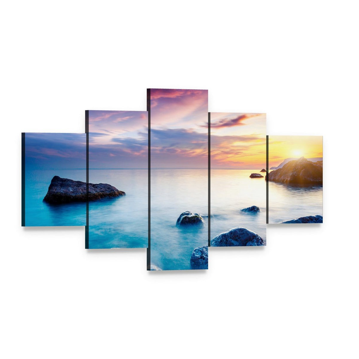 Sunset Over Rocky Beach Canvas Wall Art, 5 panel 5 Star layout gallery wrapped canvas set, angled product view