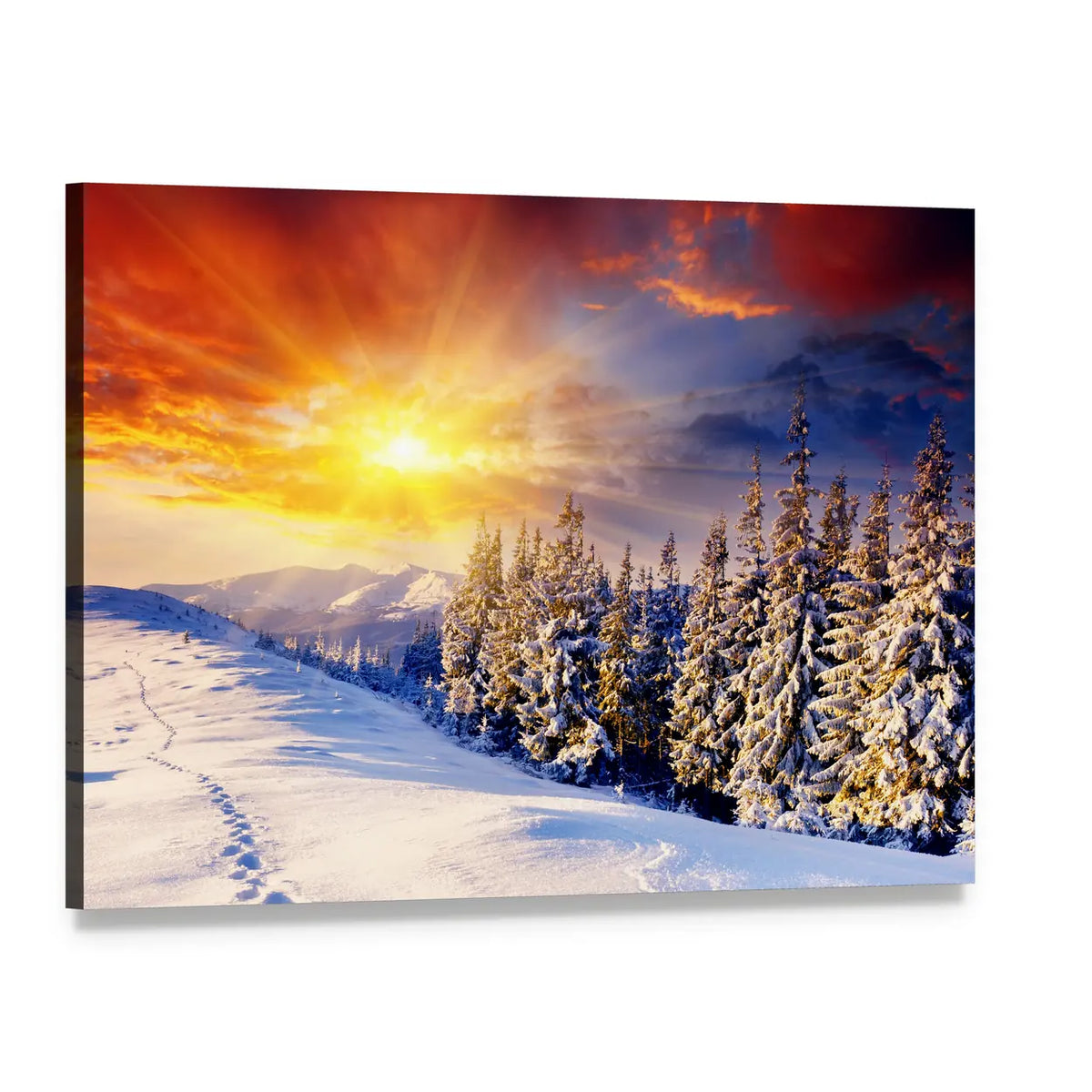 Sunset Over Snowy Mountains with Footprints Canvas Wall Art, single panel gallery wrapped canvas, angled product view