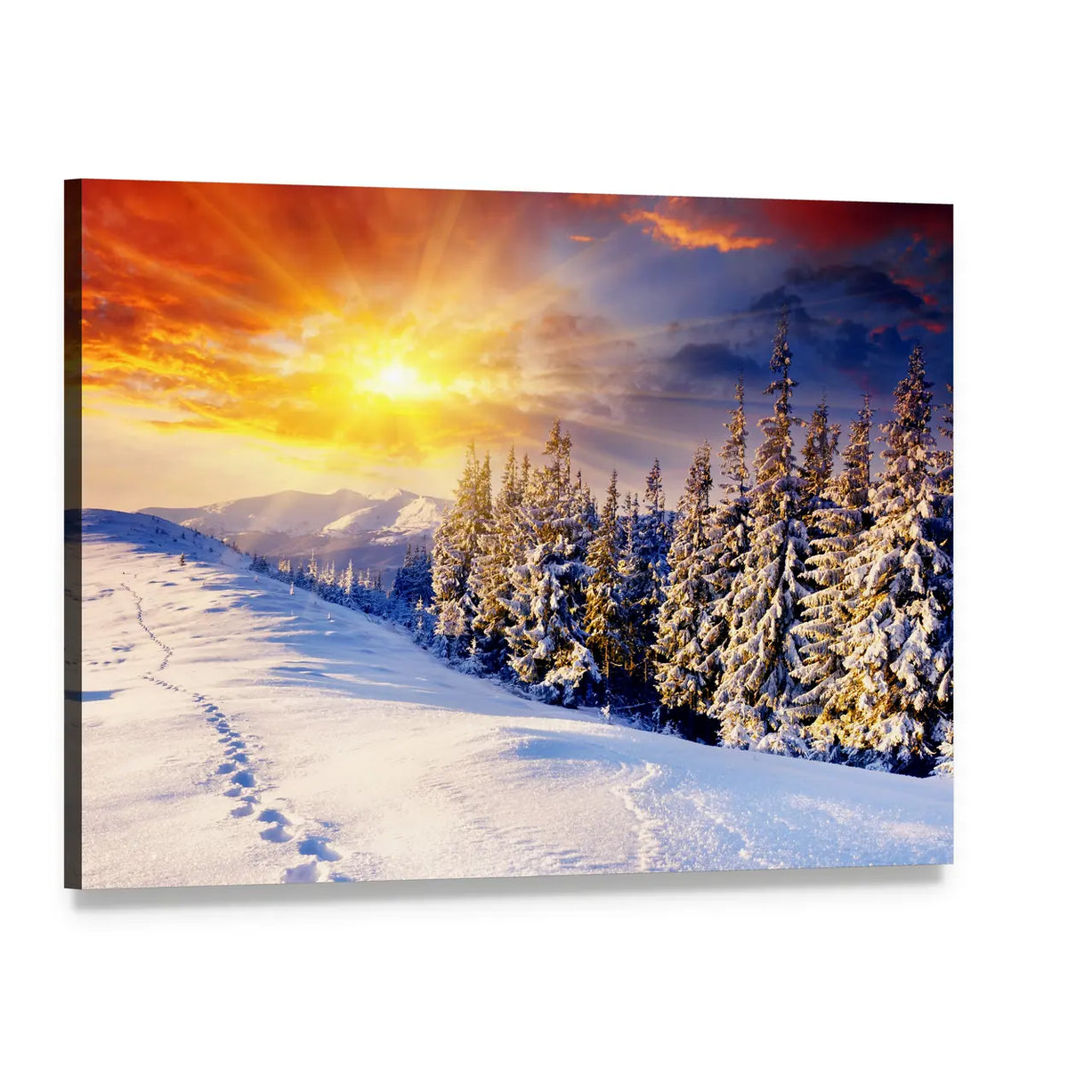 Winter Sunset Over Snowy Mountains Canvas Wall Art, single panel gallery wrapped canvas, angled product view