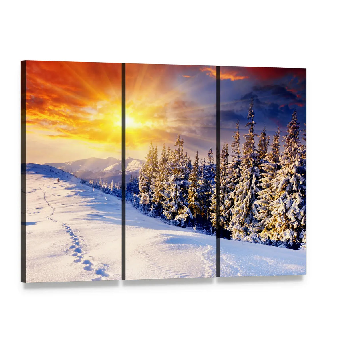 Winter Sunset Over Snowy Mountains Canvas Wall Art, 3 panel 3 Horizontal layout gallery wrapped canvas set, angled product view