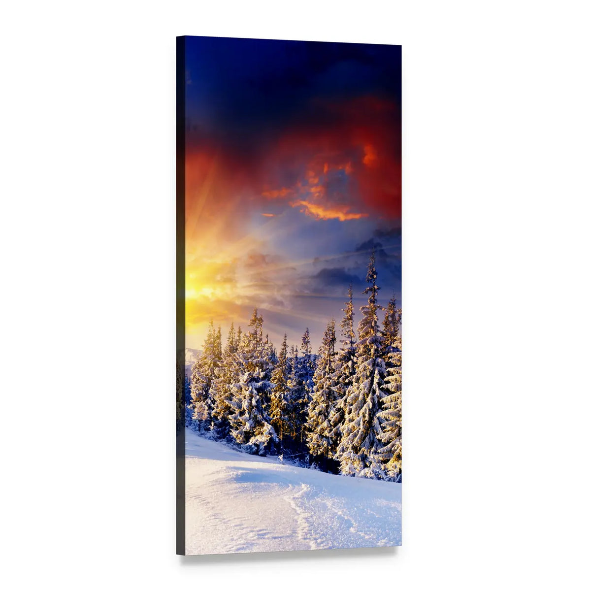 Winter Sunset Over Snowy Pines and Peaks Vertical Canvas Wall Art, 1 panel 1 Vertical layout gallery wrapped canvas set, angled product view