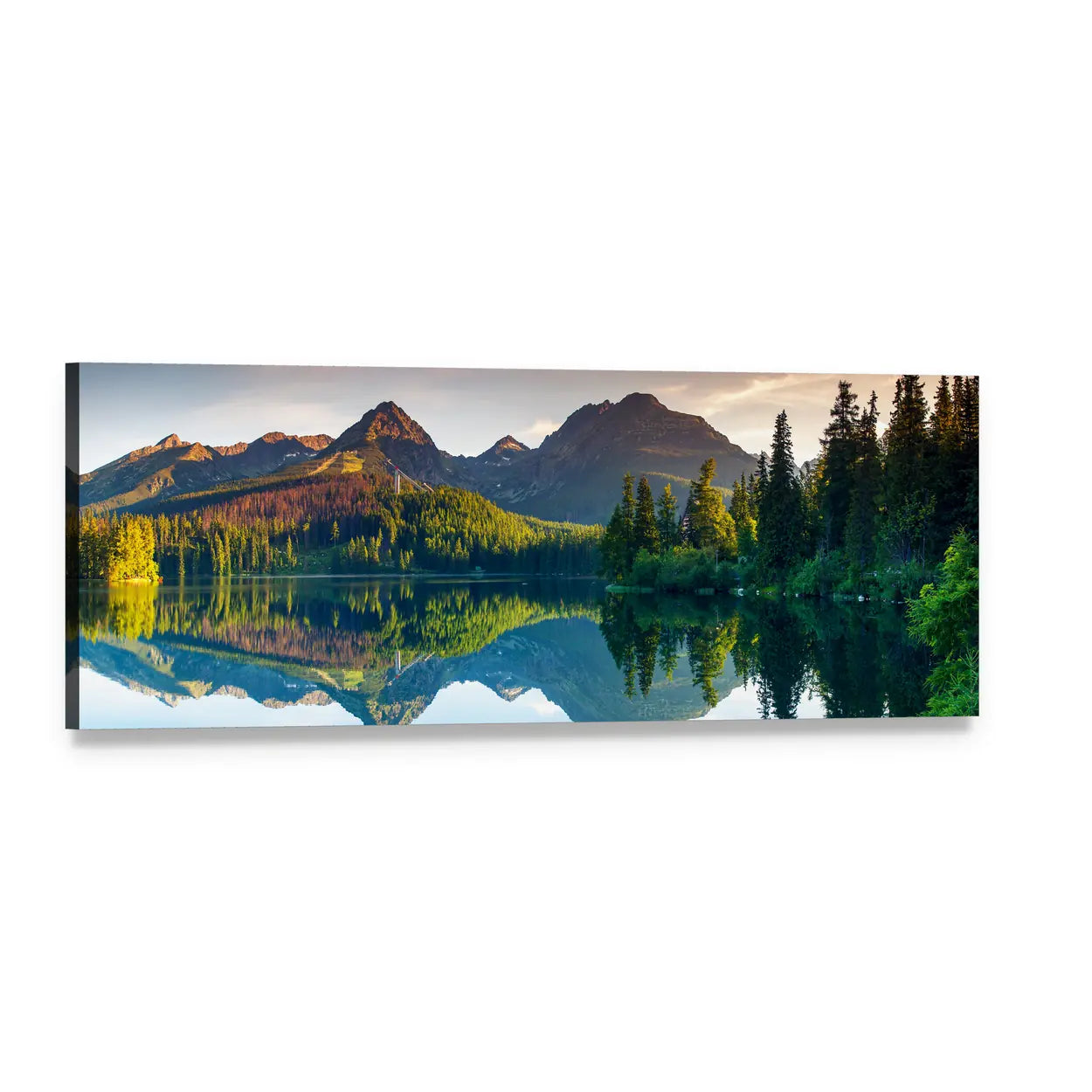Alpine Lake with Mountain Reflection Panoramic Canvas Wall Art, single panel gallery wrapped canvas, angled product view