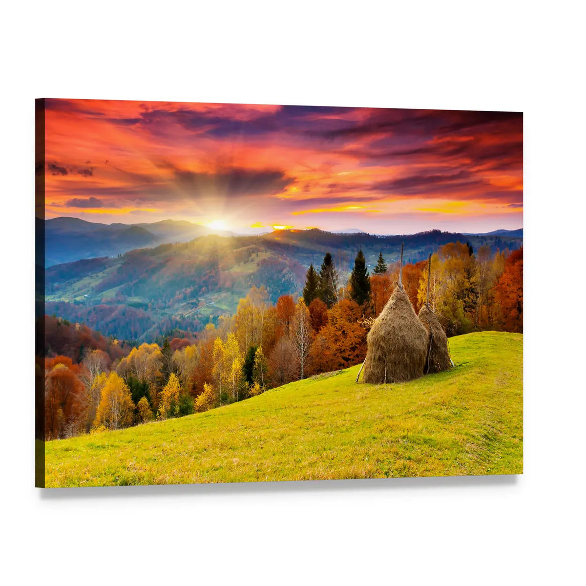 Autumn Mountain Landscape with Haystacks Canvas Wall Art, single panel gallery wrapped canvas, angled product view