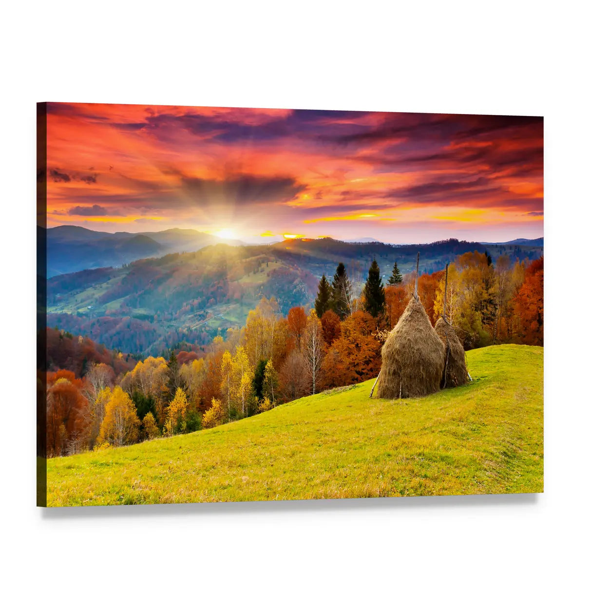 Autumn Mountain Landscape with Haystacks Canvas Wall Art, single panel gallery wrapped canvas, angled product view
